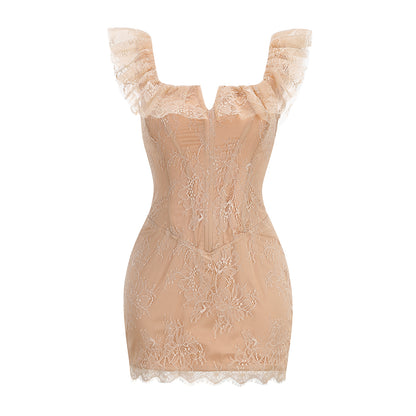 Romantic Ruffled Lace Corset Mini Dress - Soft Apricot
