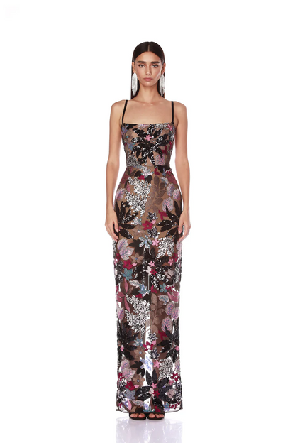 Botanical Embroidered Mesh Column Gown with Delicate Camisole Straps