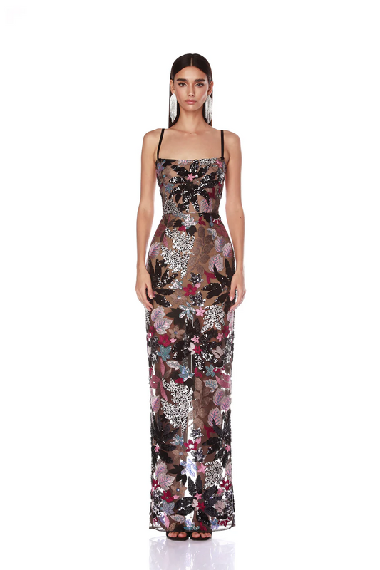 Botanical Embroidered Mesh Column Gown with Delicate Camisole Straps