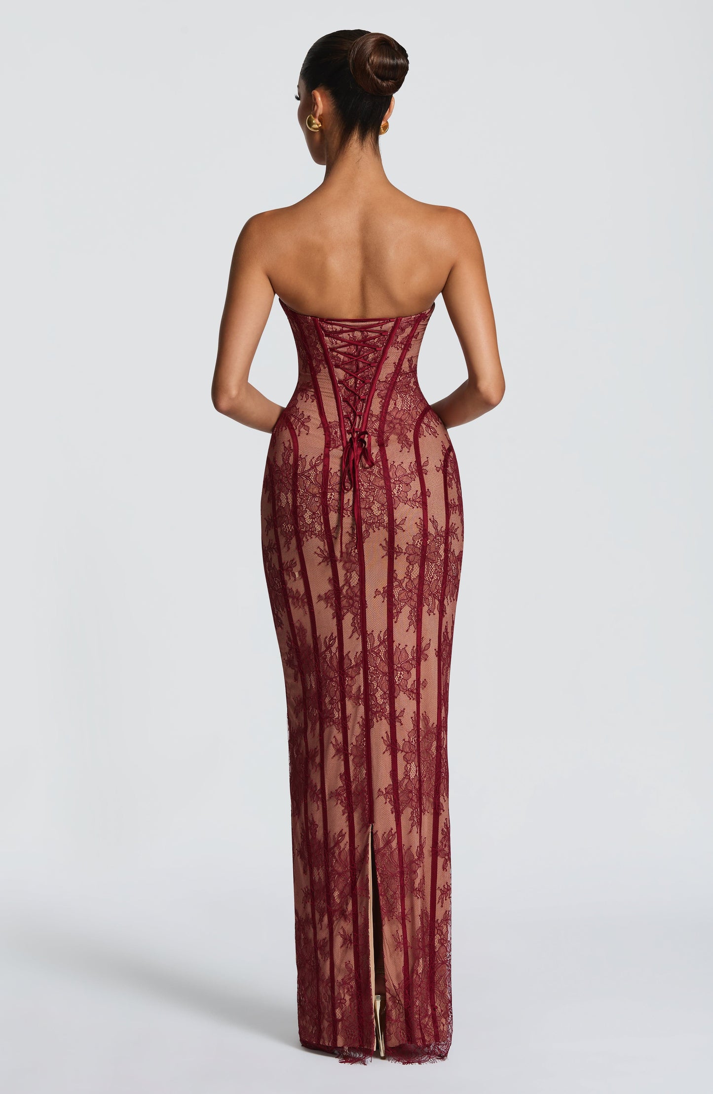 Exquisite Strapless Lace-Paneled Corset Column Gown