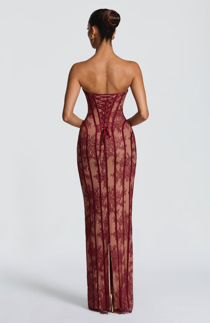 Exquisite Strapless Lace-Paneled Corset Column Gown