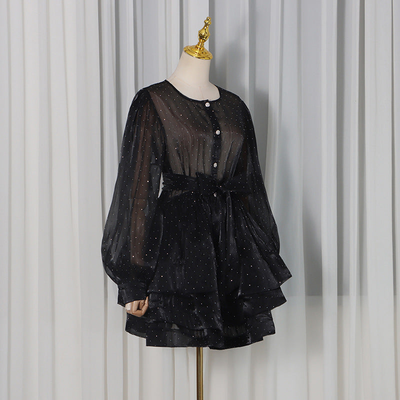 Shimmering Tiered Mini Dress with Button-Front Detail