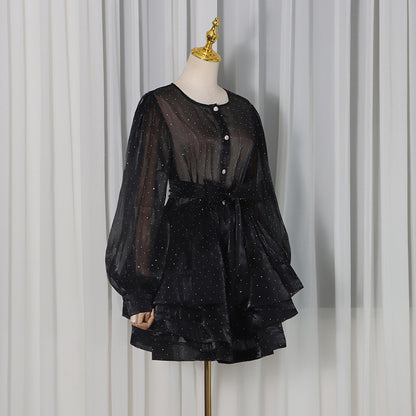 Shimmering Tiered Mini Dress with Button-Front Detail