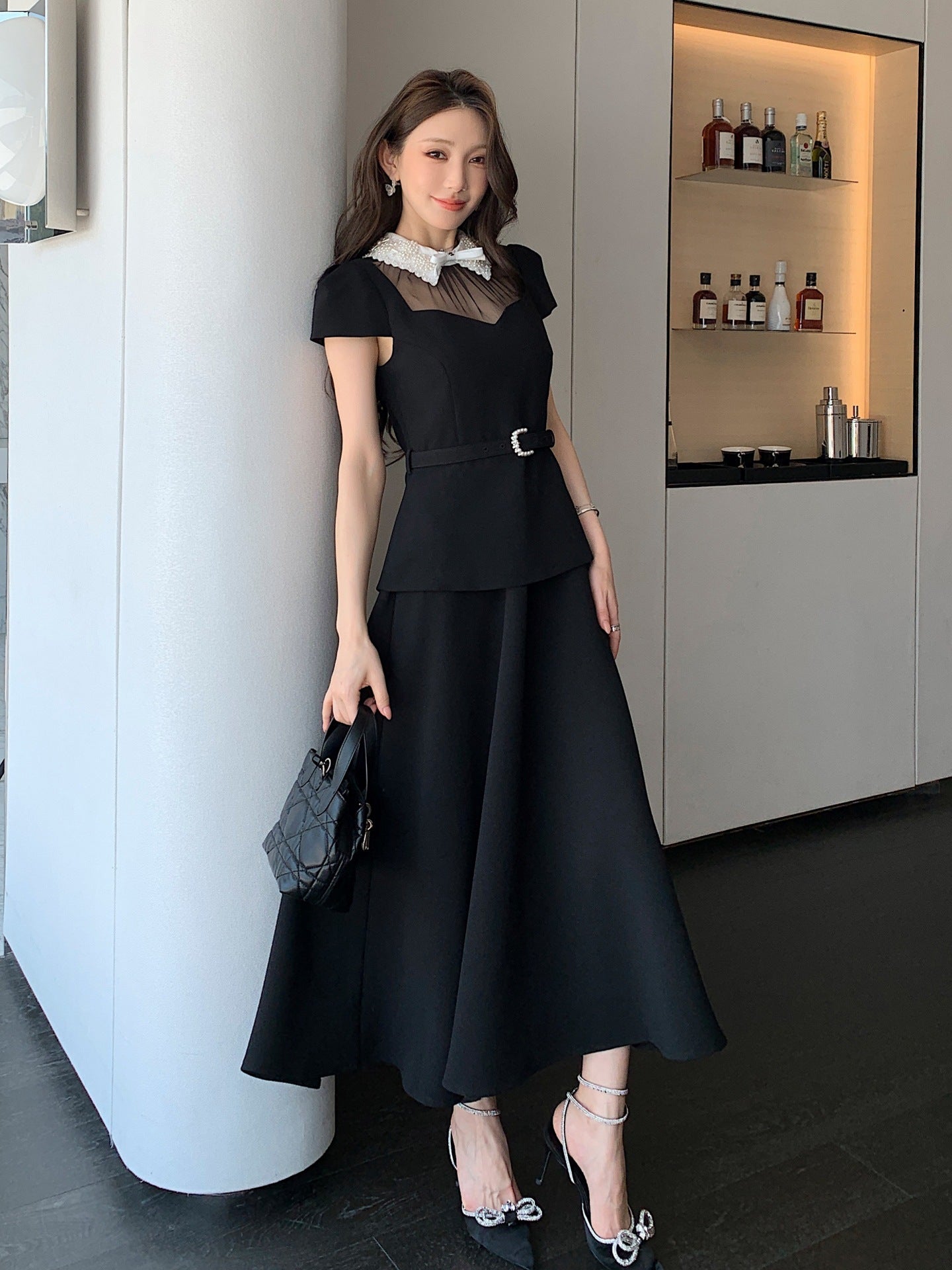 Pearl Collar Illusion Peplum Midi Set - Black