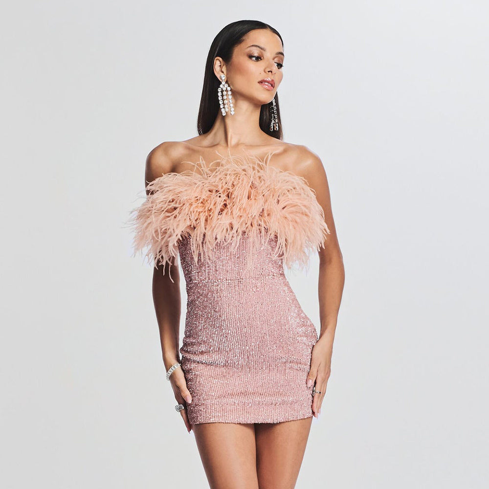 Rose Gold Sequin and Feather-Trimmed Strapless Mini Dress