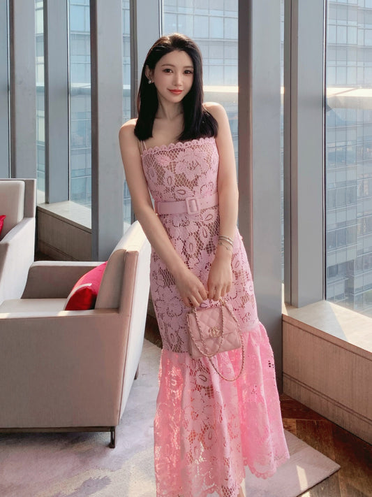 Elegant Pink Floral Lace Midi Dress with Belted Waist