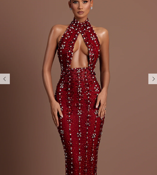 Crystal Embellished Halter Cutout Gown - Crimson Red