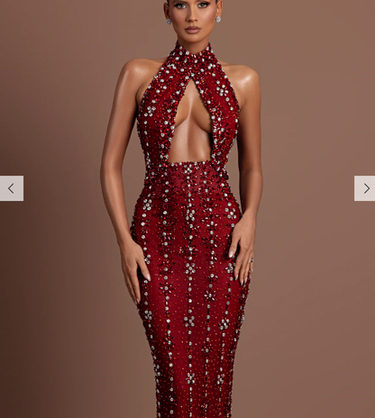 Crystal Embellished Halter Cutout Gown - Crimson Red