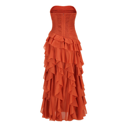 Strapless Vibrant Orange Ruched Tiered Ruffle Maxi Dress