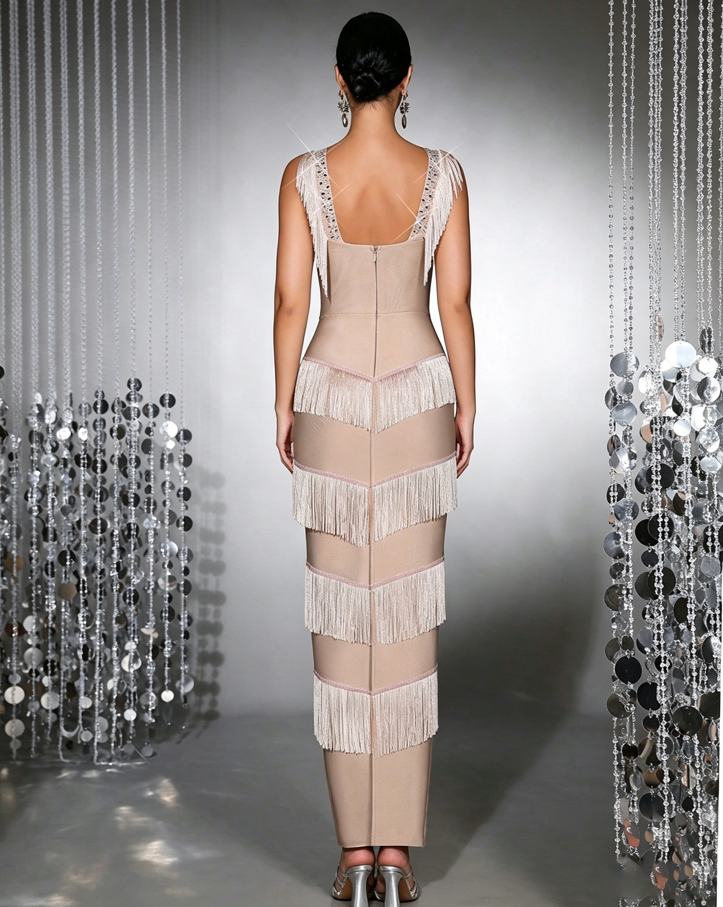 Vintage-Inspired Tiered Chevron Fringe Evening Gown