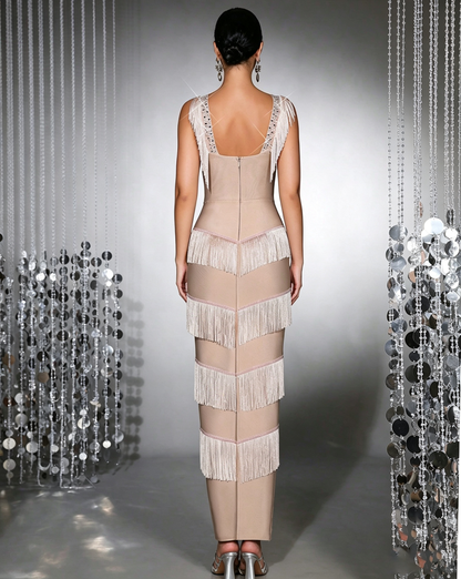 Vintage-Inspired Tiered Chevron Fringe Evening Gown