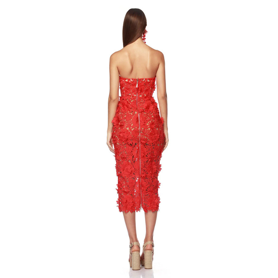 Strapless Red 3D Floral Lace Bustier Midi Dress