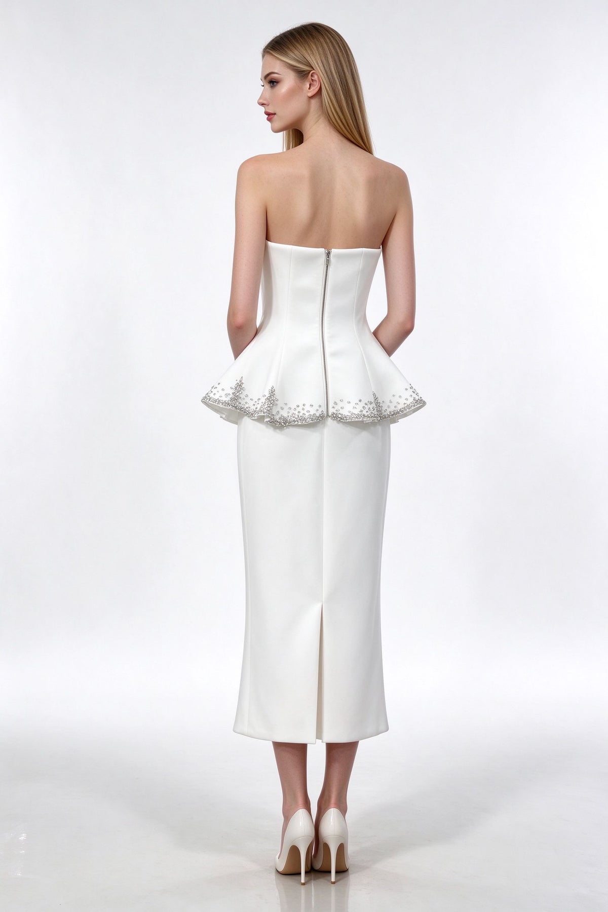 Ivory Rhinestone Trim Peplum Cocktail Dress