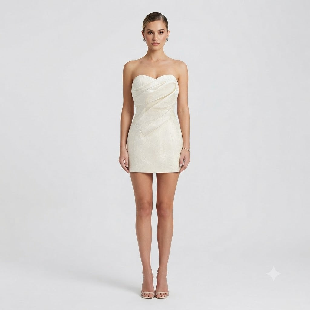 Ivory Structured Jacquard Strapless Mini Dress