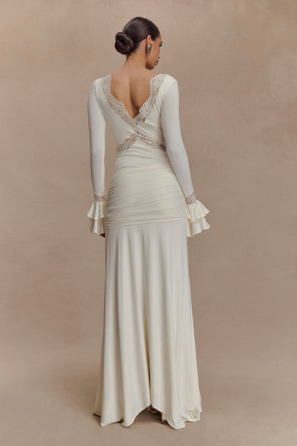 Ivory Lace-Trimmed Ruched Bell Sleeve Maxi Dress