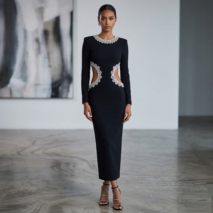 Crystal Embellished Waist Cutout Long Sleeve Midi Dress