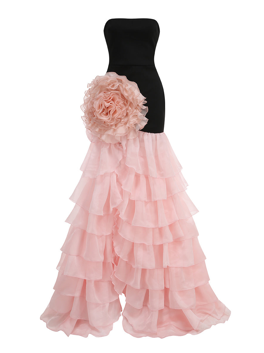 Black Strapless Asymmetrical Gown with Blush Organza Rosette