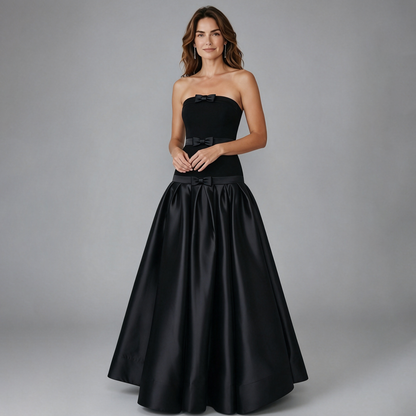 Elegant Black Strapless Gown with Voluminous Satin Skirt