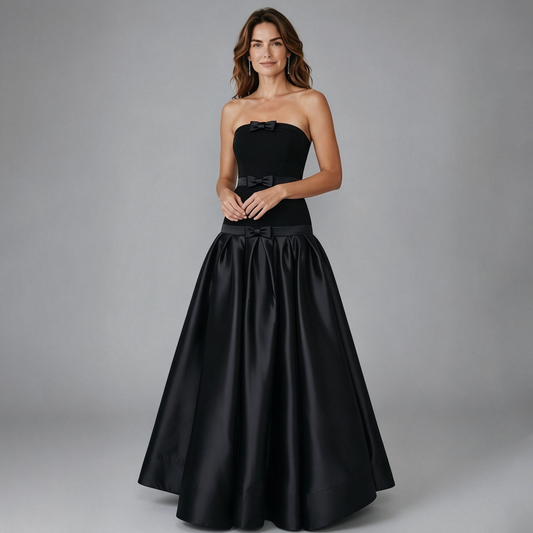 Elegant Black Strapless Gown with Voluminous Satin Skirt