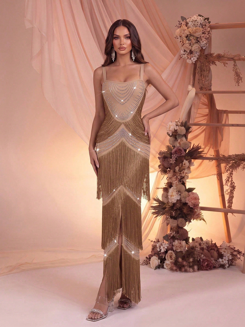 Crystal-Draped Tiered Fringe Gown - Champagne Gold