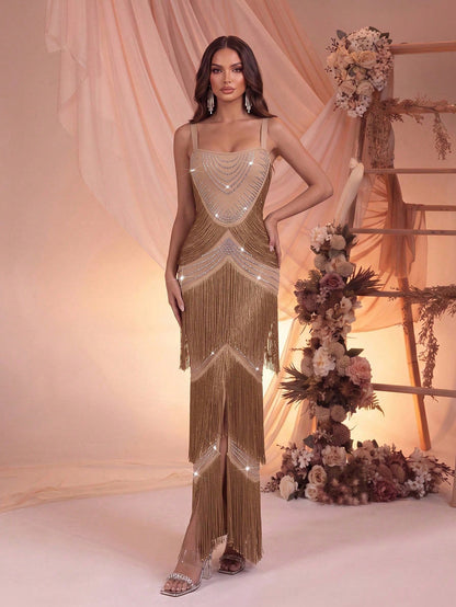 Crystal-Draped Tiered Fringe Gown - Champagne Gold