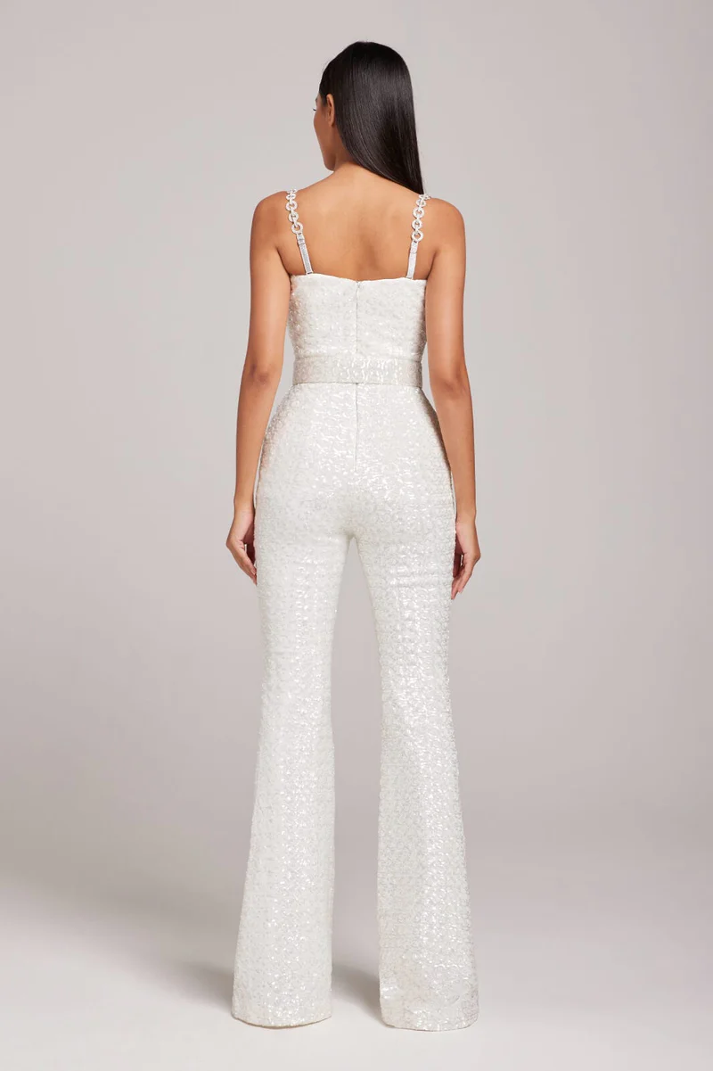 Luminous White Sequin Bustier Flared Jumpsuit