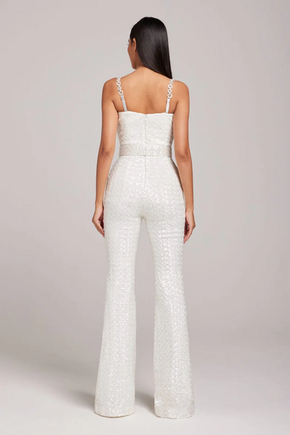 Luminous White Sequin Bustier Flared Jumpsuit