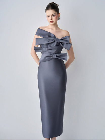 Elegant One-Shoulder Bow Detail Maxi Dress – Women's Formal Evening Gown