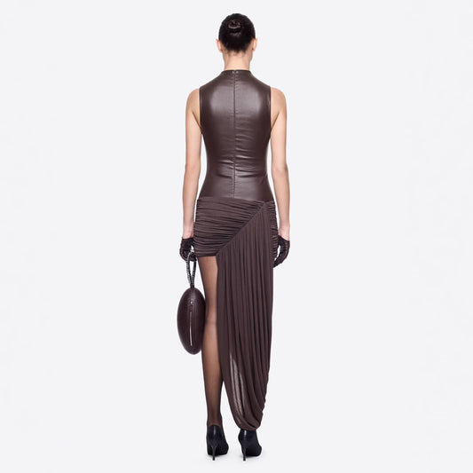 Avant-Garde Faux Leather Mock-Neck Bodysuit with Draped Asymmetrical Skirt