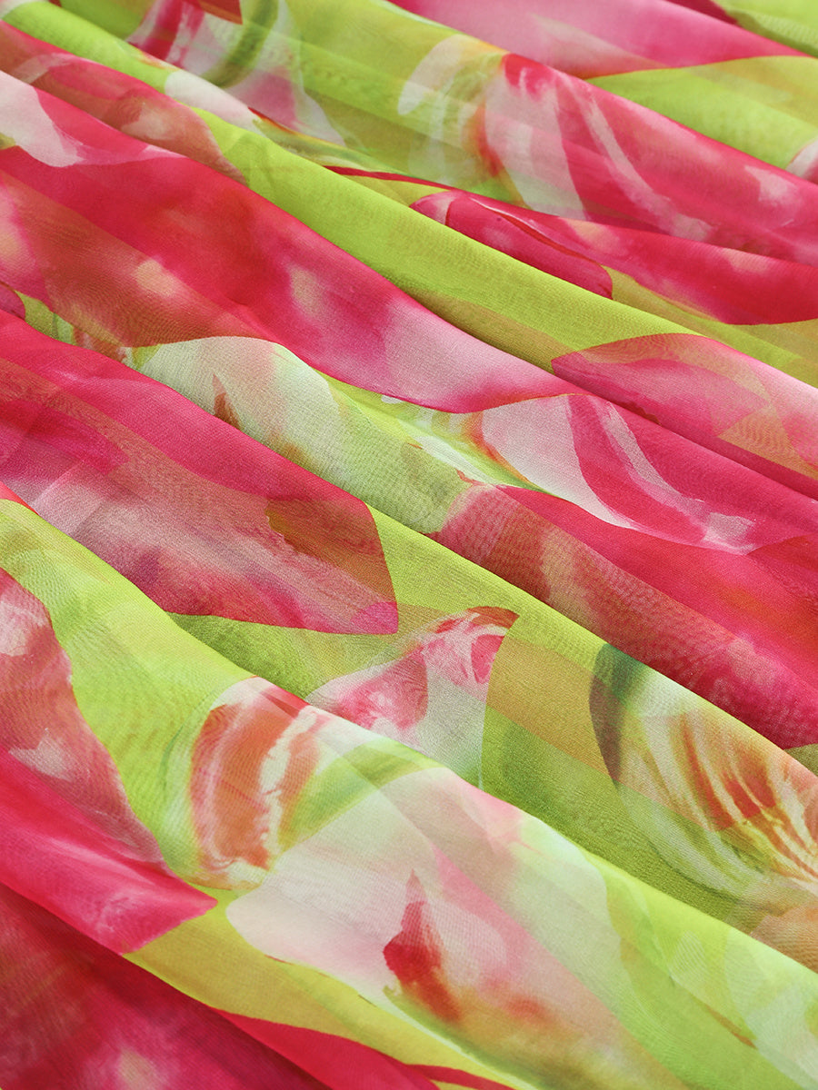 Vibrant Lime Green and Pink Floral Strapless Maxi Dress