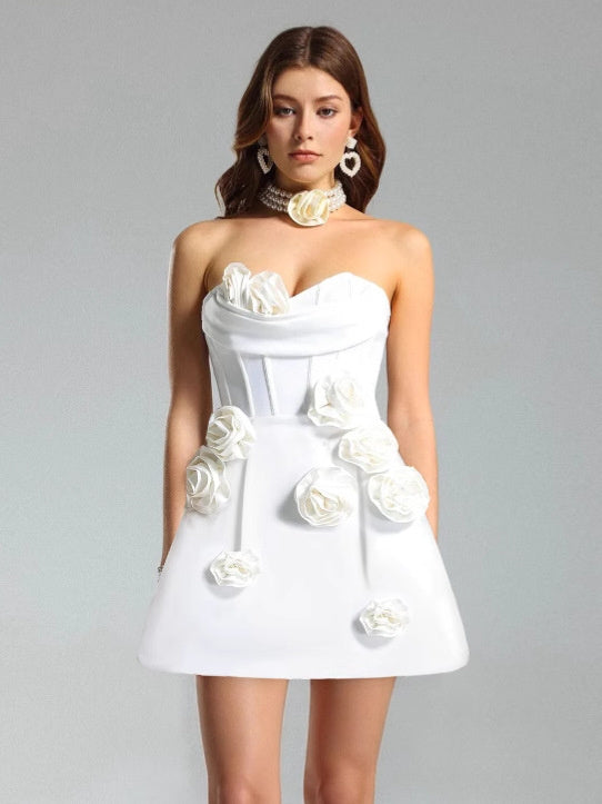 Strapless White Corset Mini Dress with 3D Rosettes