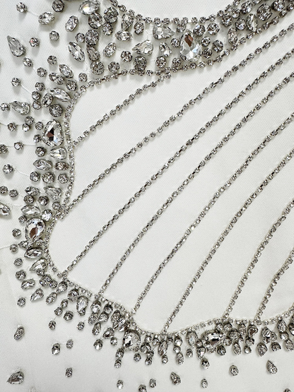 White Crystal Embellished Long Sleeve Column Gown
