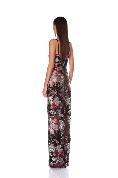 Botanical Embroidered Mesh Column Gown with Delicate Camisole Straps