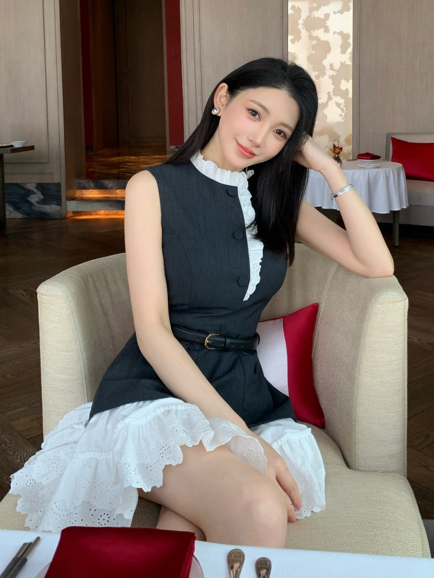 Chic Sleeveless Mock-Neck Layered Mini Dress