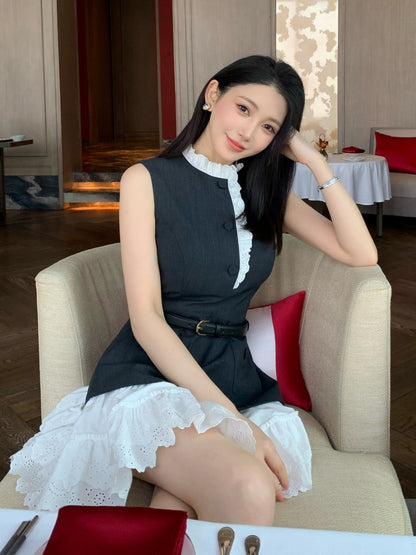 Chic Sleeveless Mock-Neck Layered Mini Dress