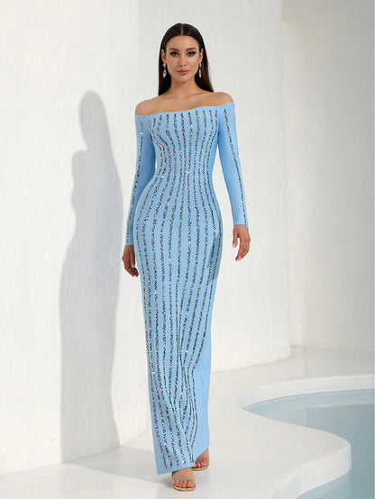 Crystal-Striped Off-the-Shoulder Gown - Powder Blue