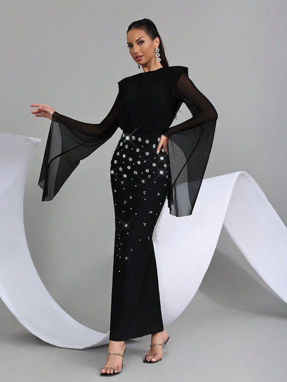 Midnight Starlight Crystal Sheer Sleeve Gown