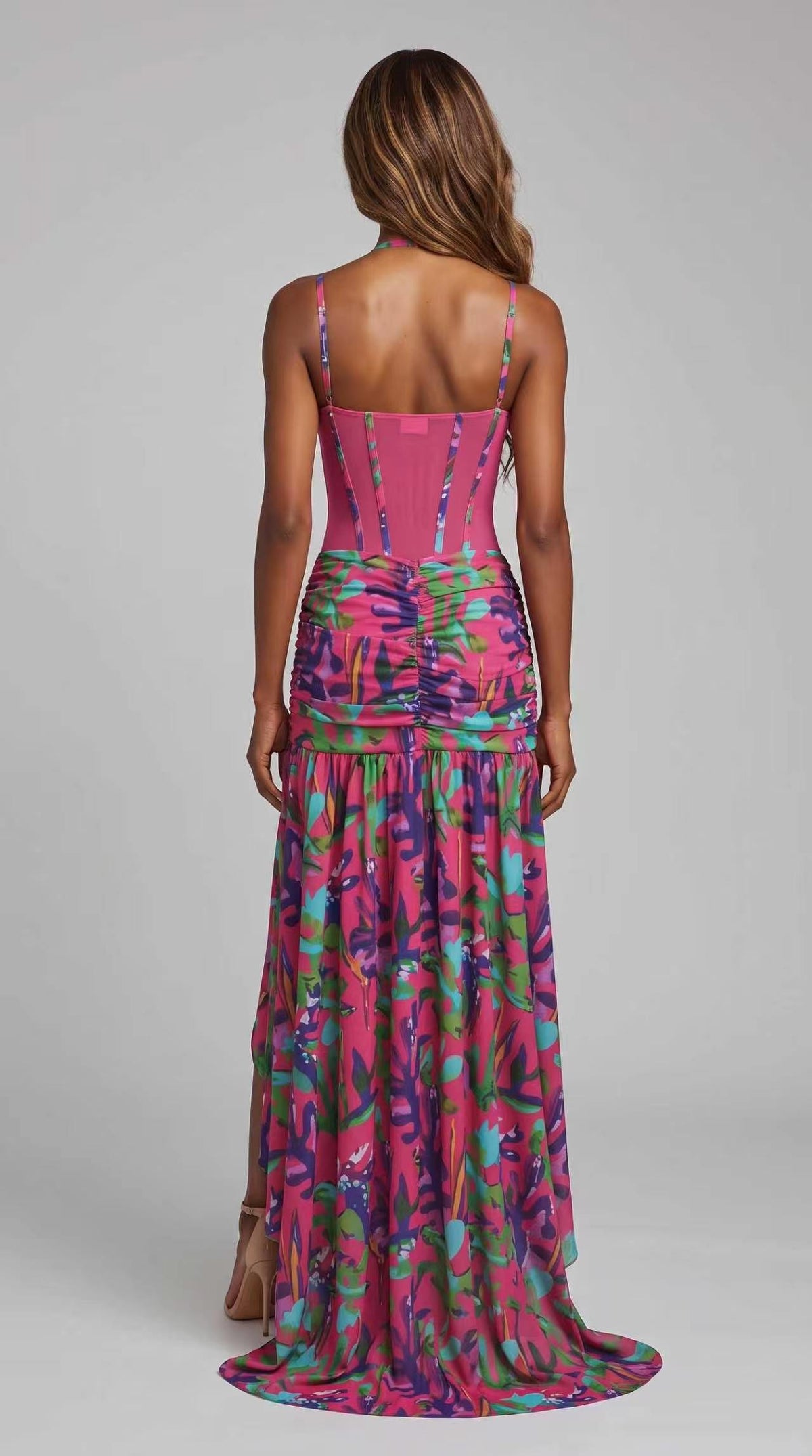 Vibrant Tropical Corset Two-Piece Set - Fuchsia & Emerald