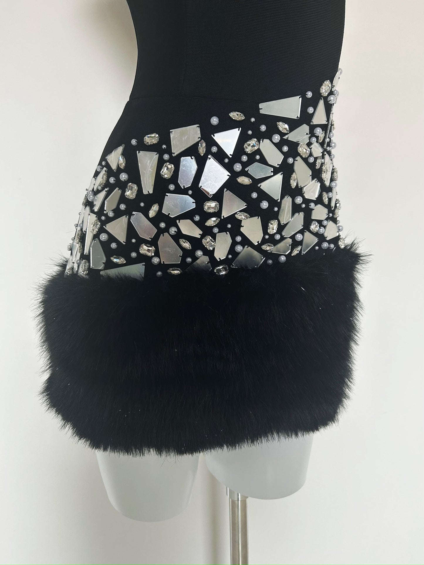 Avant-Garde Black Mini Dress with Mirrored Waist and Faux Fur Skirt