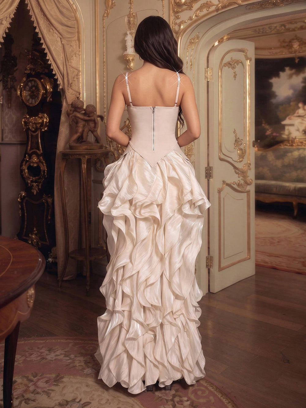 Crystal-Embellished Corset Ruffle Gown - Ivory Cream