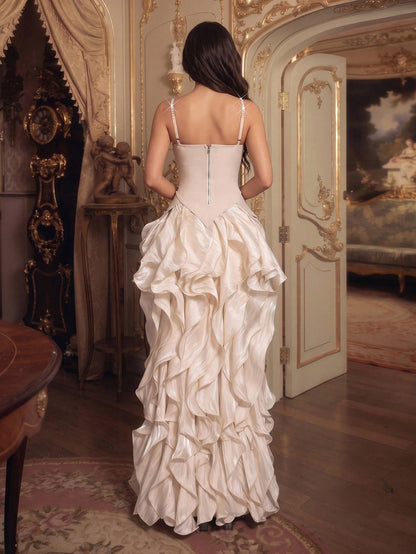 Crystal-Embellished Corset Ruffle Gown - Ivory Cream