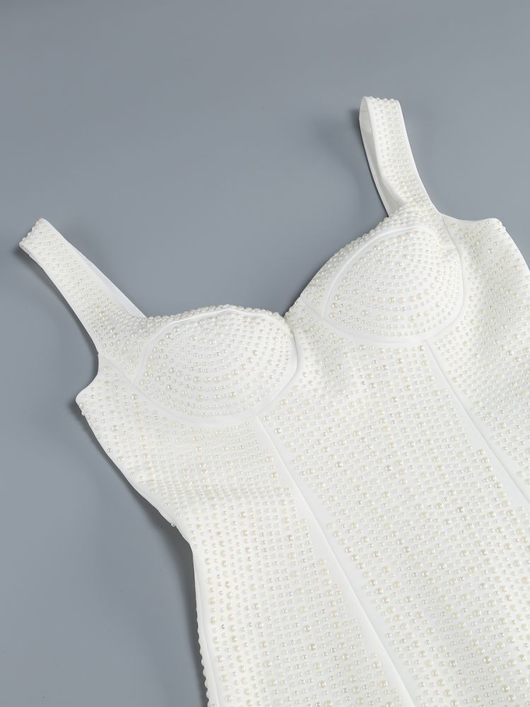 Ivory Pearl-Embellished Structured Mini Dress