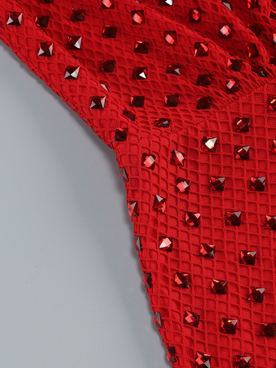 Ruby Red Shimmer Keyhole Rosette Midi Dress
