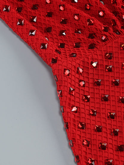 Ruby Red Shimmer Keyhole Rosette Midi Dress
