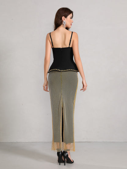 Elegant Embellished Peplum Top and Mesh Overlay Maxi Skirt Set