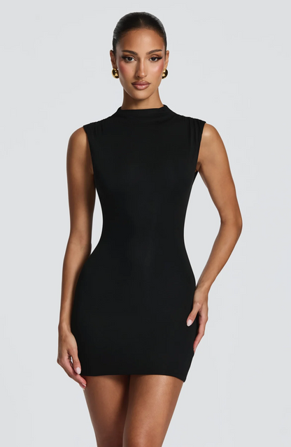 Black High Neck Corset-Style Mini Dress