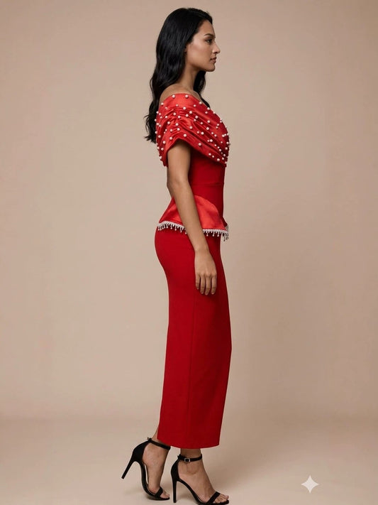 Crimson Red Pearl-Embellished Off-the-Shoulder Dress