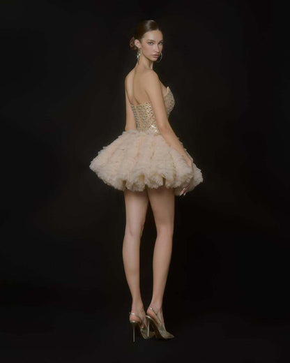 Exquisite Crystal-Grid Corset Tulle Ballerina Mini Dress