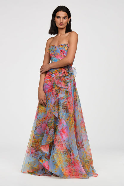Draped Watercolor Floral Strapless Gown - Vibrant Bloom