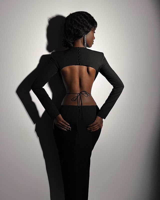 Obsidian Power Shoulder Cutout Midi Dress
